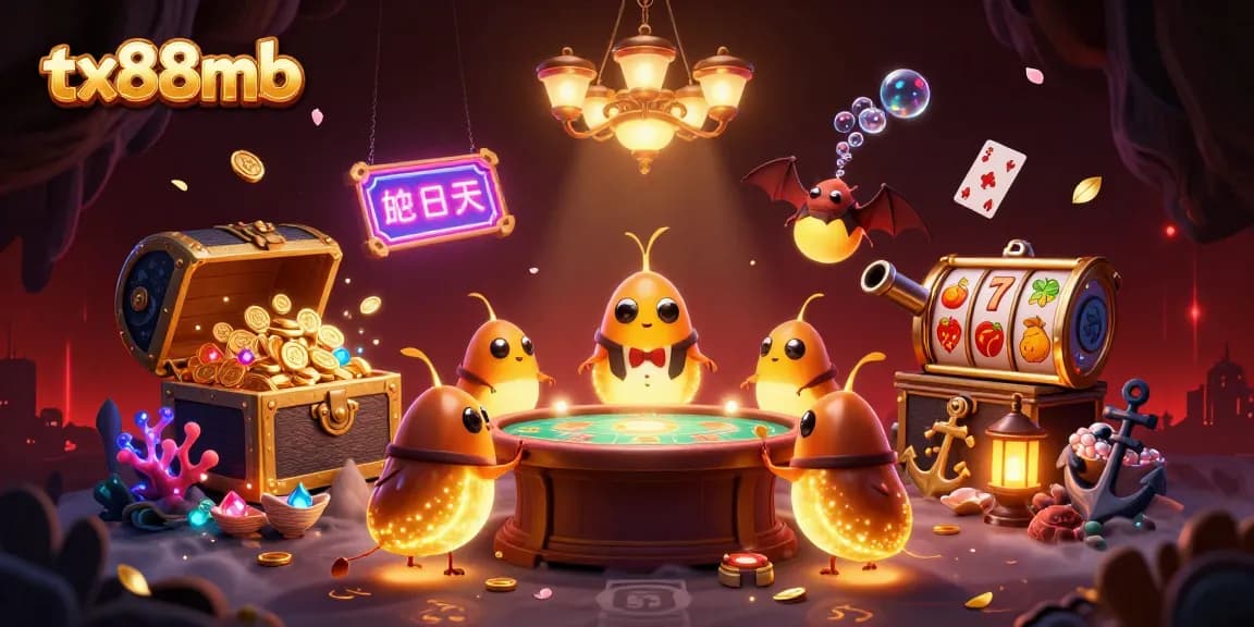Experience the vibrant tx88mb casino world with glowworms and treasure in this 3D illustration.
