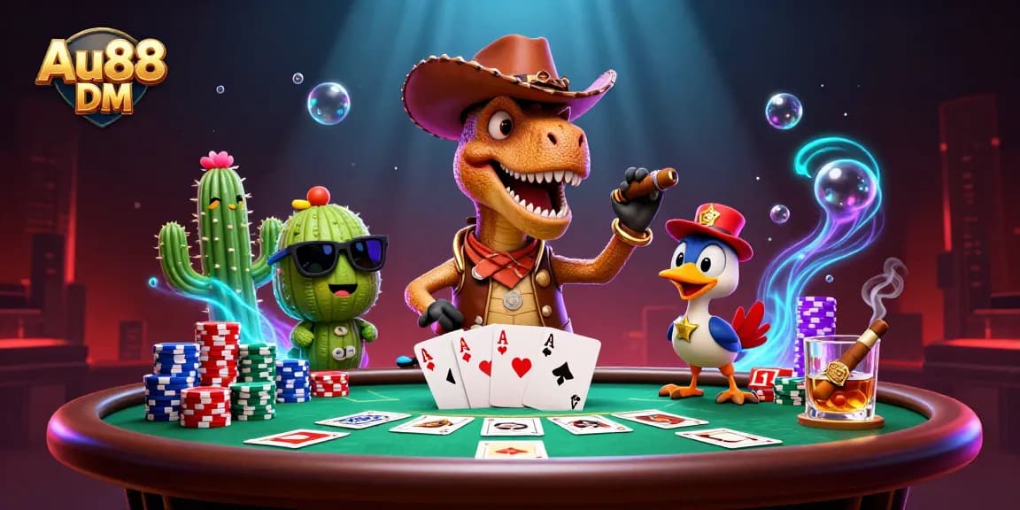Experience thrilling poker action with Au88 DM in this vibrant casino illustration, featuring whimsical characters.