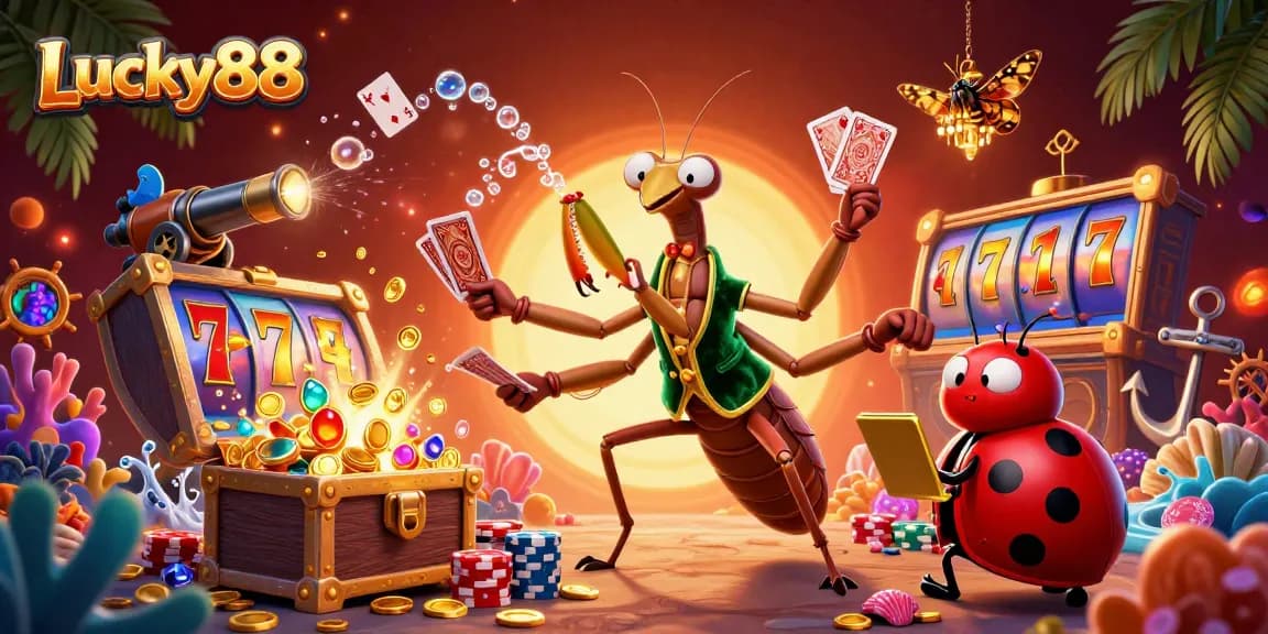 Spin the reels of Lucky88 with the vibrant casino scene featuring a giant mantis and ladybug pit boss.