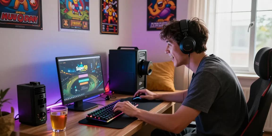 Super59 login di layar laptop pemain dengan suasana gaming nyaman di ruang tamu