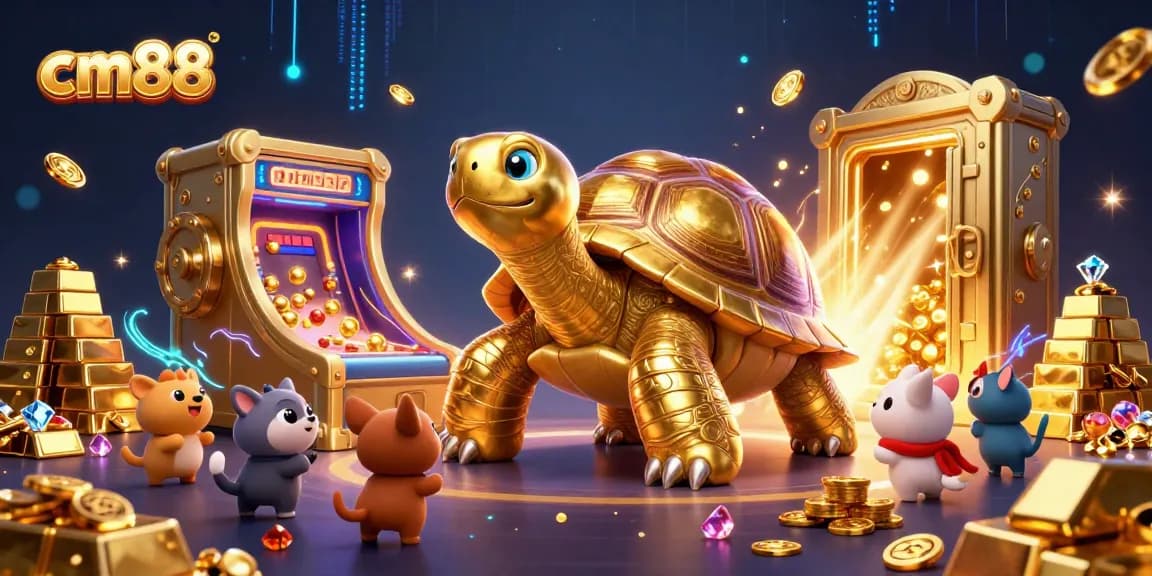 Spin and win with cm88's vibrant golden tortoise jackpot game illustration, captivating and engaging.