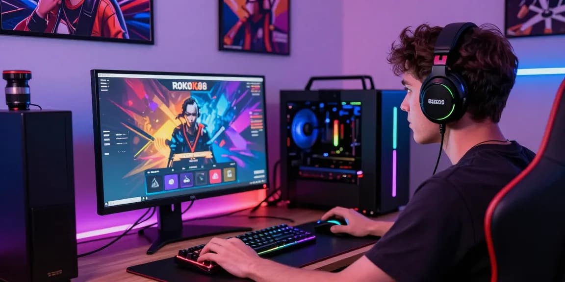 ROKOK88 gaming setup with player focused on vibrant interface and accessories