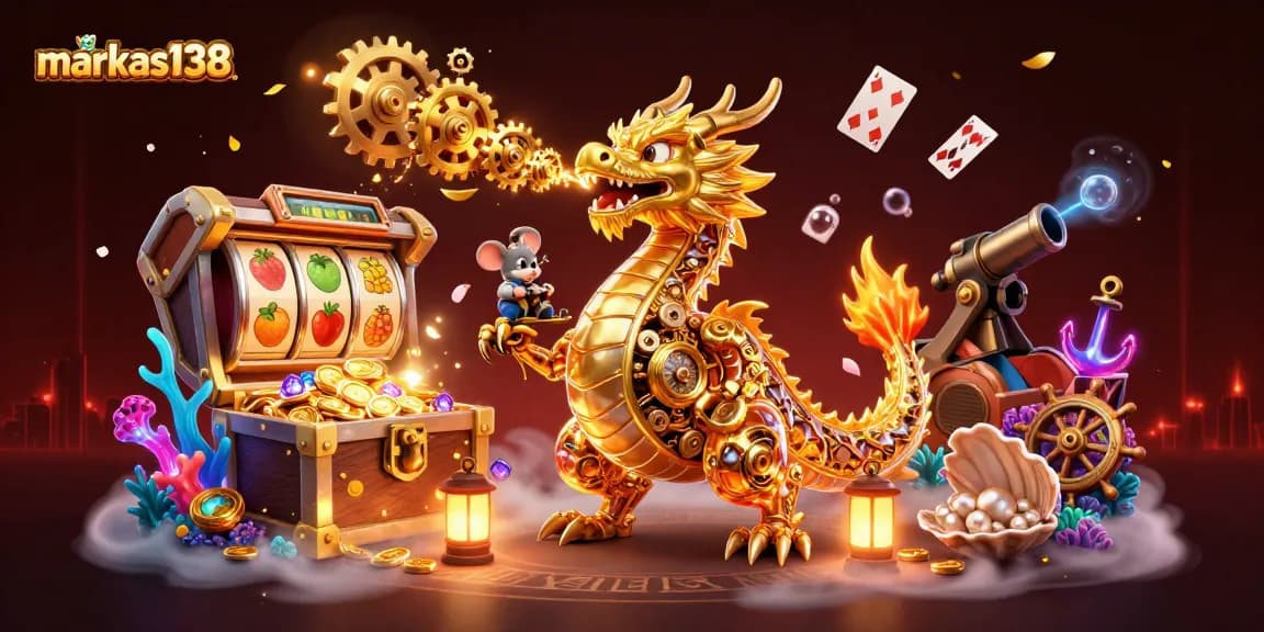 Experience markas138's vibrant slots with golden dragon and treasure in ultra-detailed 3D illustration.