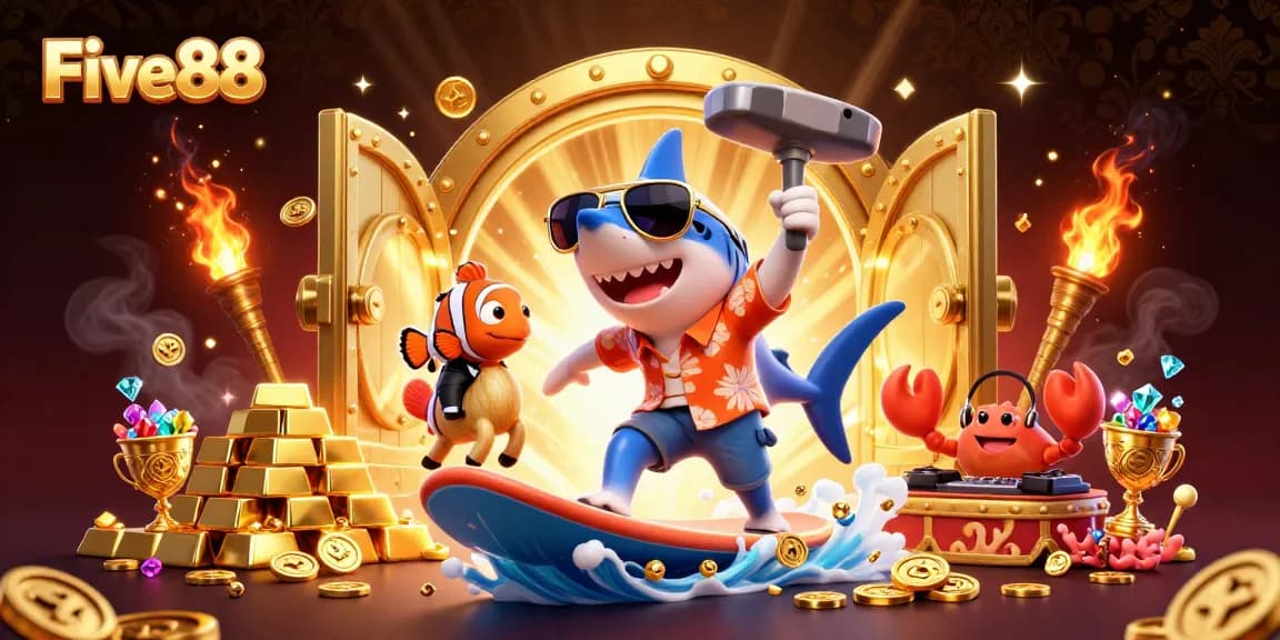 Experience the thrill of gaming with Five88's vibrant 3D illustration featuring themed characters and dynamic casino elements.