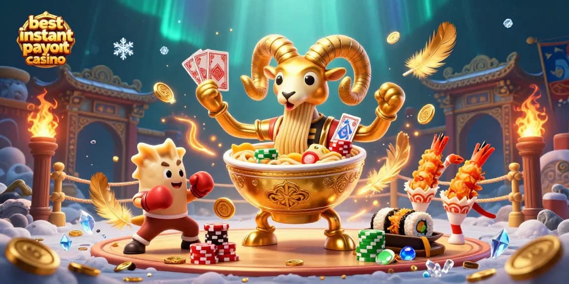 Experience the excitement of the best instant payout casino with cheerful sushi and ramen characters together.