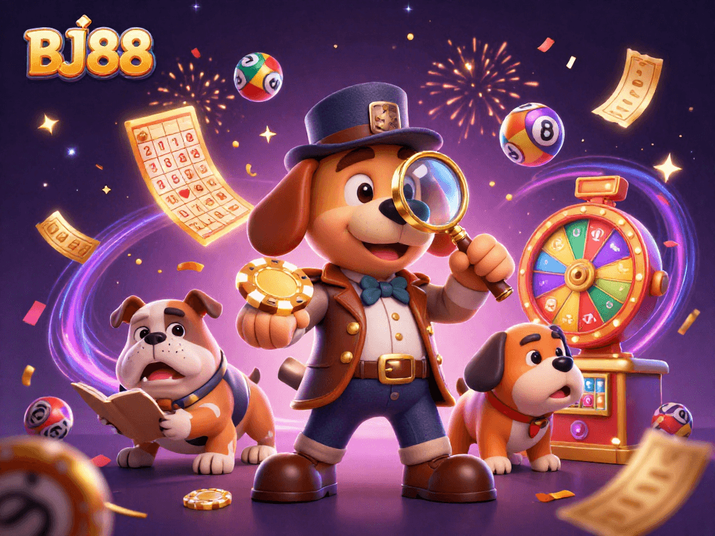 Join the fun at BJ88 by discovering the golden poker chip clue in this vibrant casino illustration.