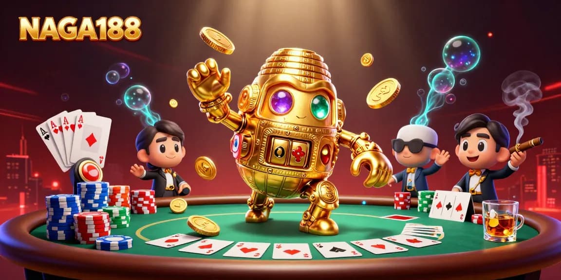 NAGA188 menggambarkan golem emas kuno yang hidup dengan simbol mesin slot, dikelilingi meja poker berwarna hijau dan tumpukan chip dalam ilustrasi 3D.