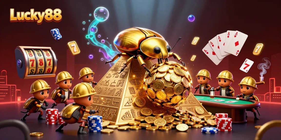 Experience the excitement of Lucky88 with golden coins and engaging casino symbols in a vibrant 3D scene.