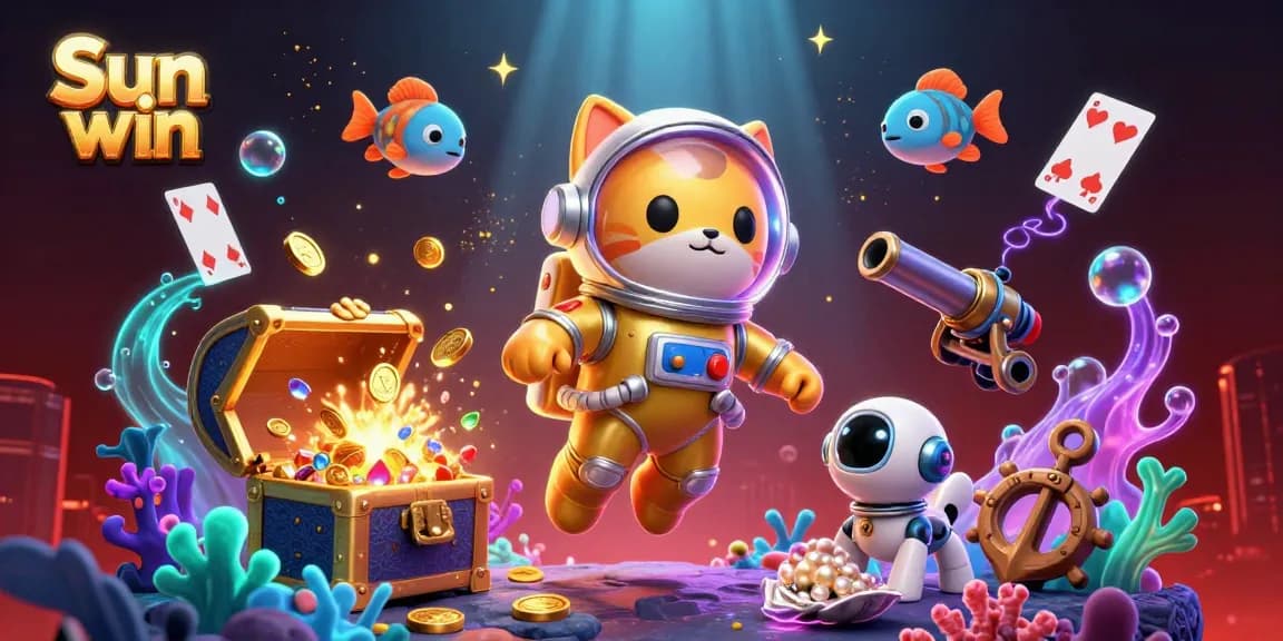 Play thrilling games at Sun win with a colorful 3D casino illustration showcasing exciting treasures.