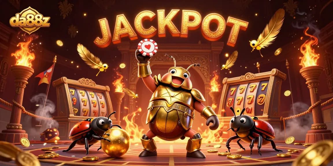 da88z showcases a victorious beetle lifting a poker chip with jackpot elements in an exciting casino scene