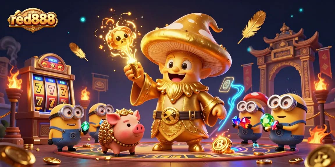 Engage with red888's vibrant casino world featuring a golden mushroom wizard and treasure-hunting elements.