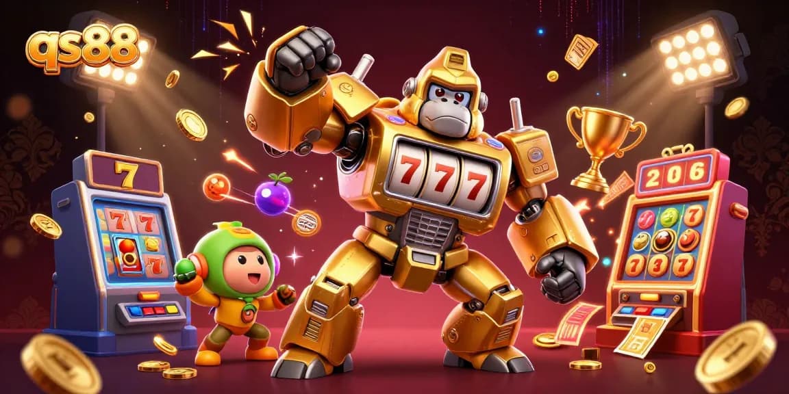 Experience epic wins with the qs88 golden gorilla mech and exploding treasure in this vibrant casino scene.