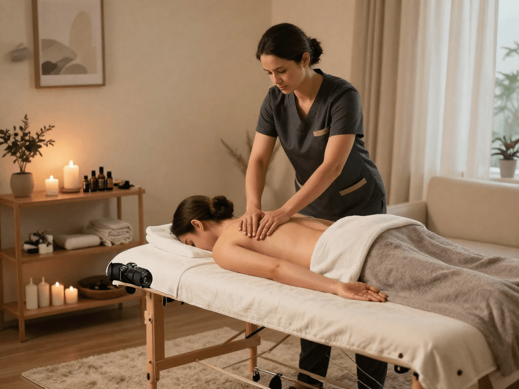 서울출장마사지 service in a cozy living room with calming decor and a professional therapist.