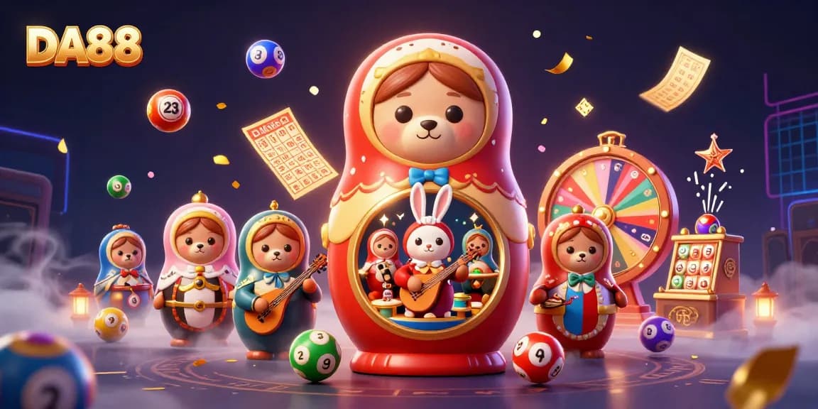 Join thrilling gameplay with DA88 as colorful lottery balls and vibrant prizes illuminate the scene.