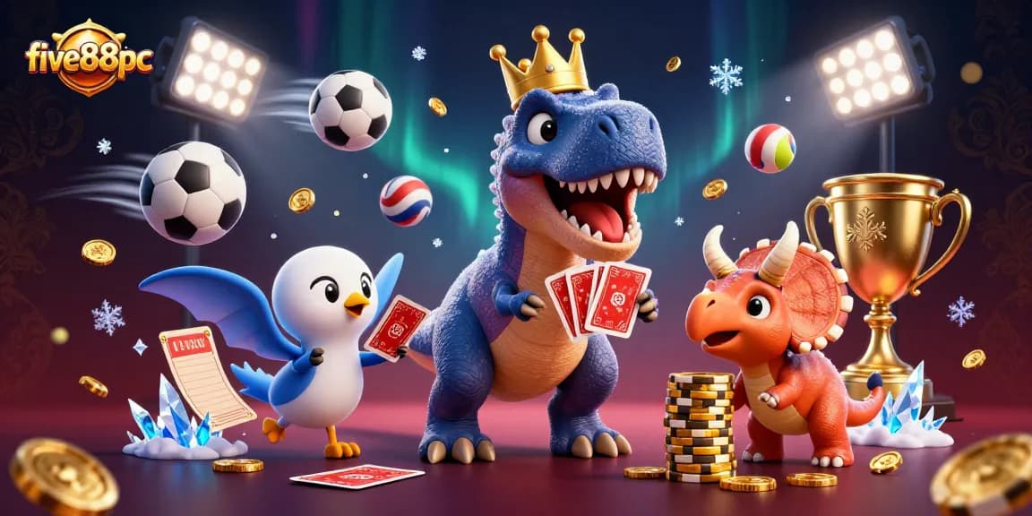 five88pc showcases a vibrant scene with playful dinosaurs engaging in casino-themed tasks surrounded by sports balls.