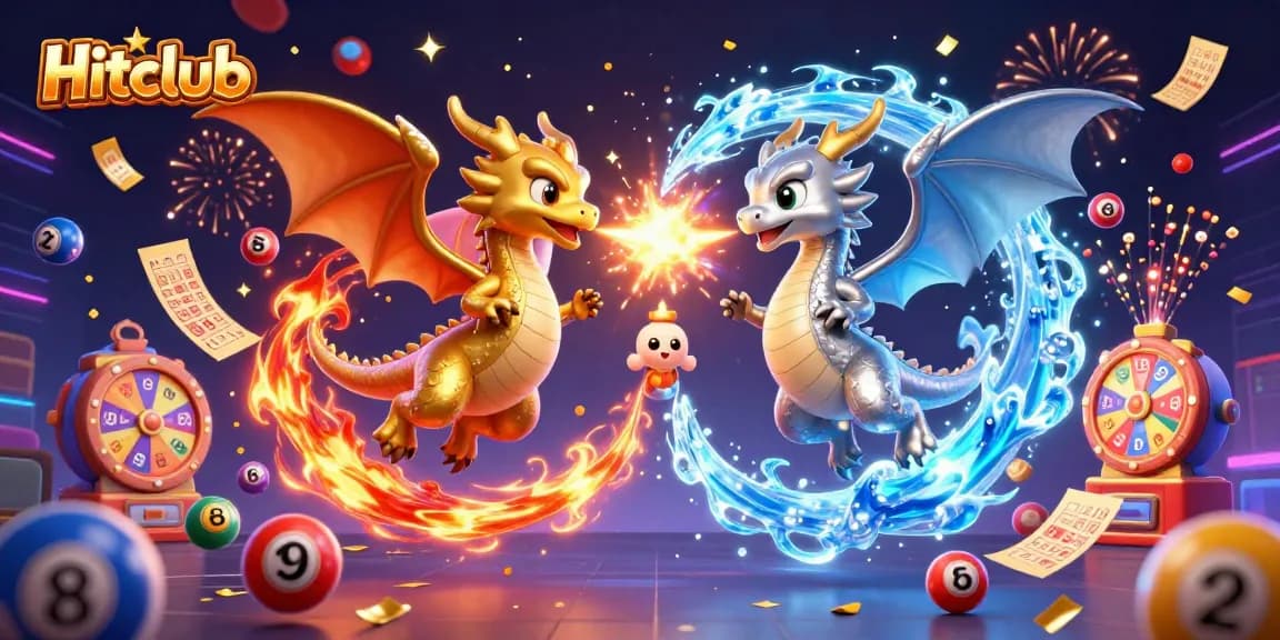Experience the vibrant Hitclub casino scene with dynamic dragons battling in a rich gambling atmosphere.