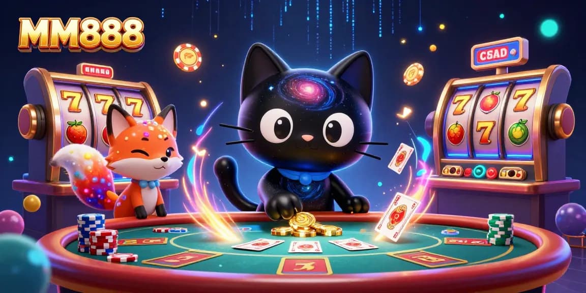 Experience thrilling gameplay at MM888 with a cosmic casino illustration featuring vibrant gambling elements.