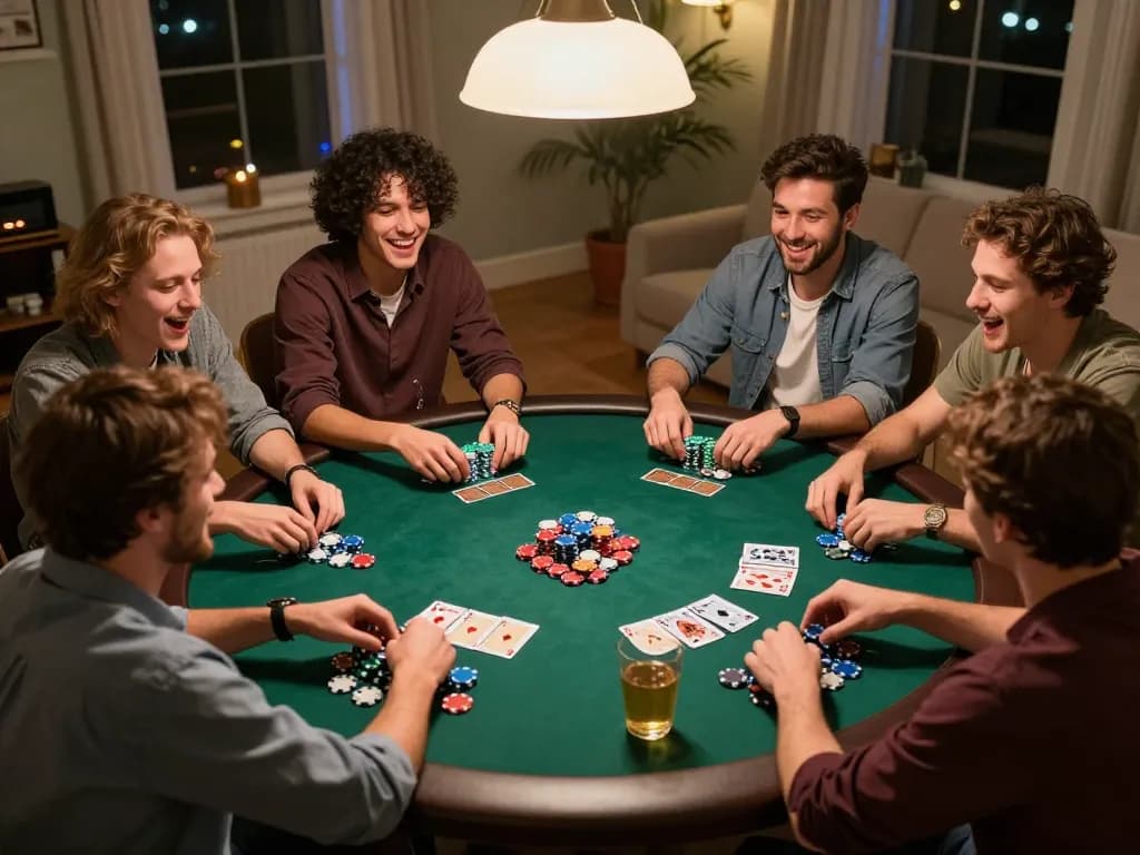 Amici impegnati nella serata di poker, mostrando divertimento e strategia attorno al tavolo mentre discutono delle recensioni di chicken road.