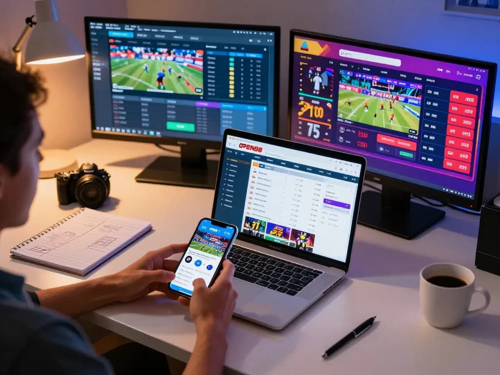 Betting on sports through OPEN88 app on a smartphone and laptop capturing strategic moments.
