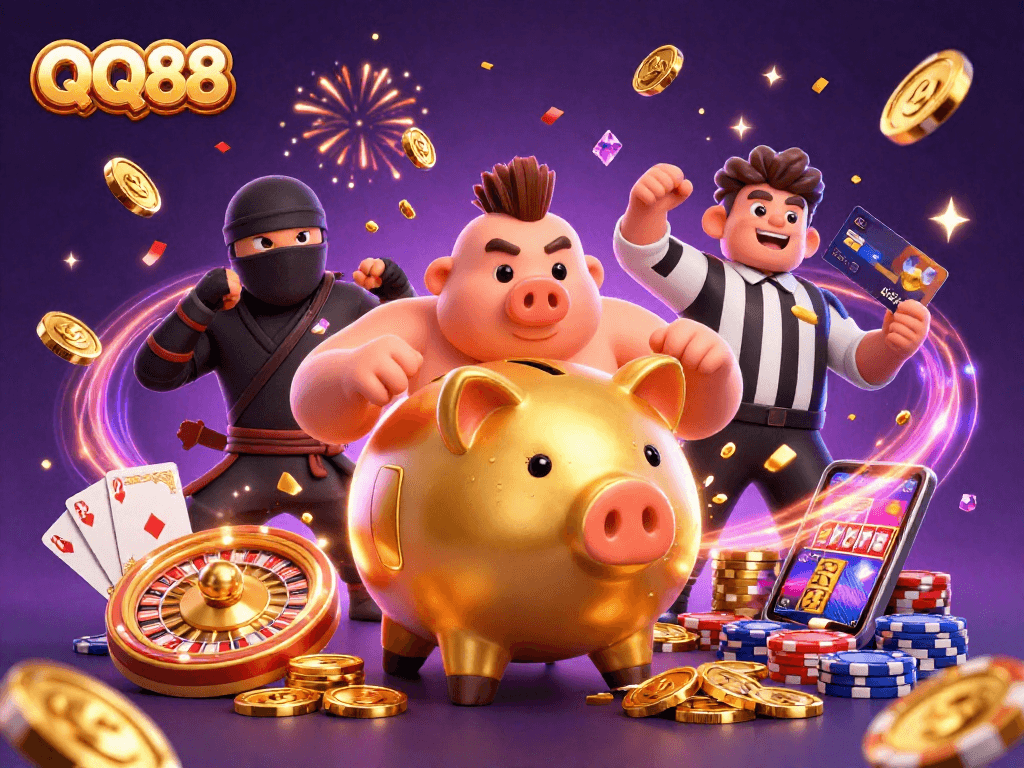 Experience QQ88's thrilling casino action with dynamic characters, colorful chips, and vibrant energy.