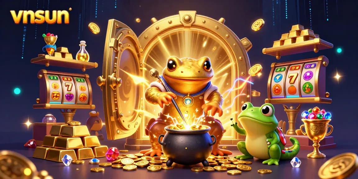 Experience the vibrant magic of vnsun with a gold-transmuting salamander and rich casino elements!