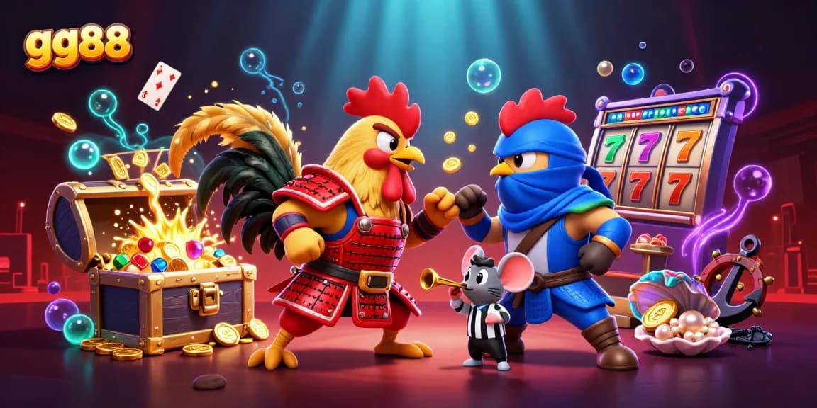 Experience thrilling action with gg88's cartoon roosters and vibrant slot elements in a dynamic casino setting.