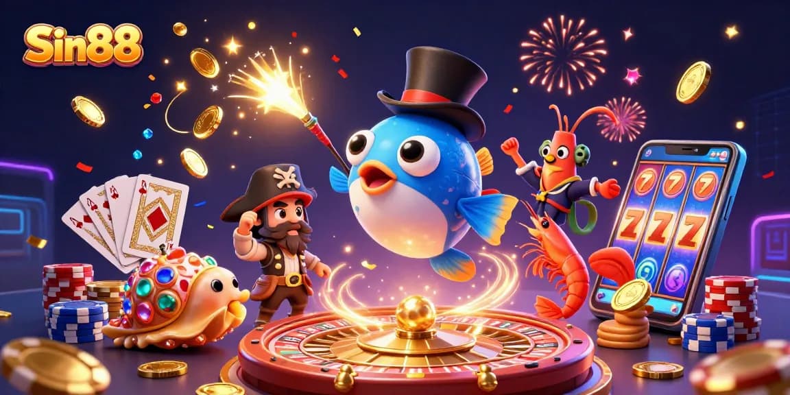 Win exciting rewards at Sin88 with a dazzling 3D casino scene featuring vibrant characters and games.