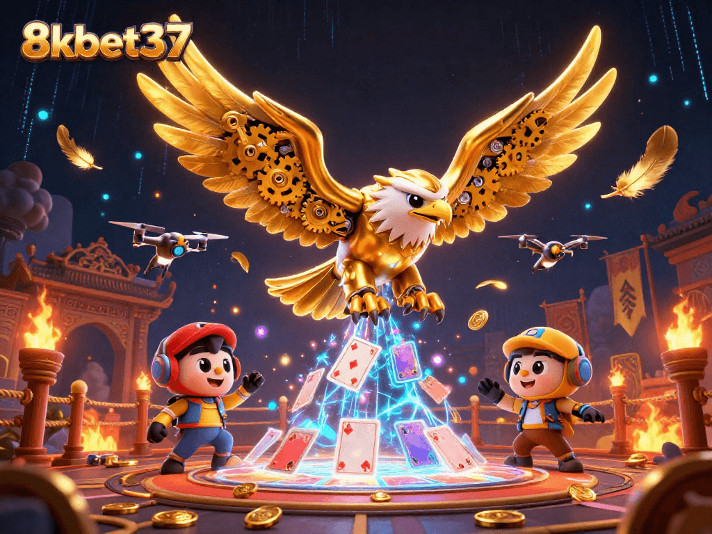 Win big at 8kbet37 with a golden eagle diving through holographic playing cards in a colorful casino scene.