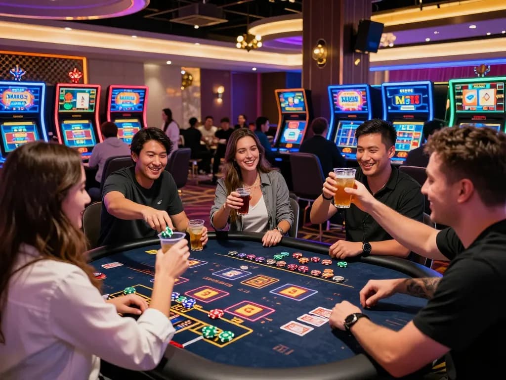 Exciting MM88 online gambling experience with friends at a modern casino table.