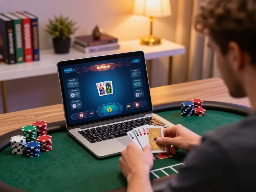 Player strategizing in an online poker game on Jun88, showcasing a dynamic home office setup.