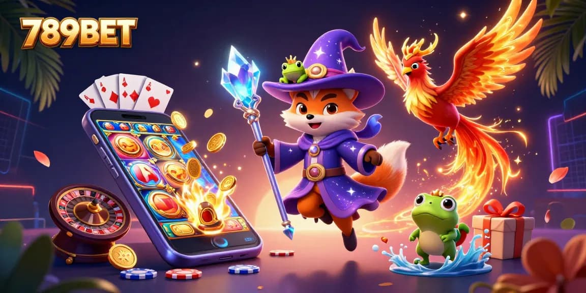 Immerse yourself in 789BET's magical gaming world, featuring a wizard fox and phoenix amidst vibrant casino elements.