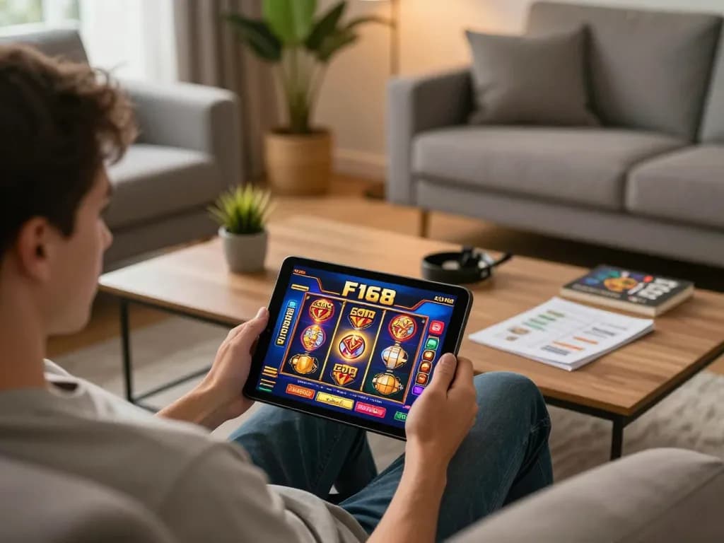 House viewer engaging in exciting gameplay at Nhà cái F168 with a vibrant tablet display.