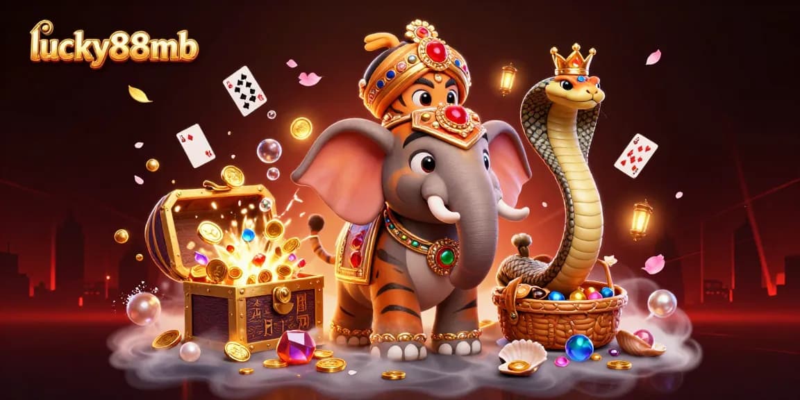 Engage with lucky88mb's vibrant casino atmosphere featuring majestic characters and treasure elements.