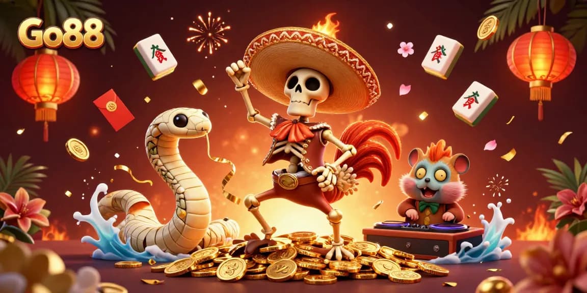 Experience thrilling gameplay at Go88 with a 3D scene of excitement and vibrant characters in action.