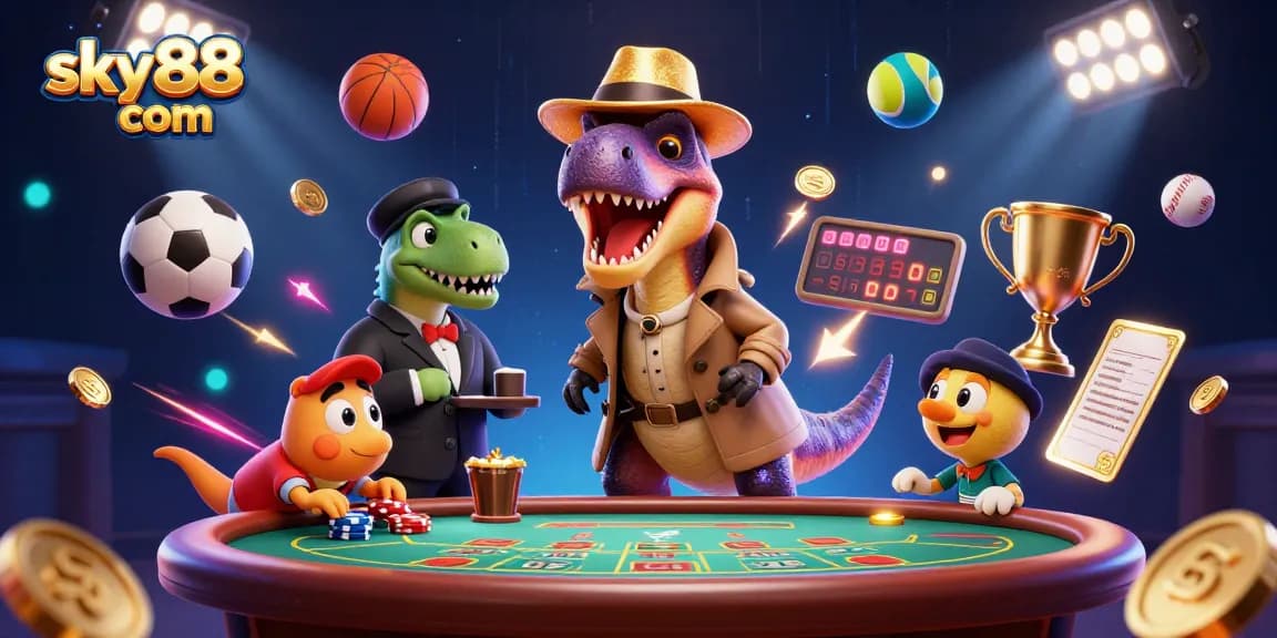 Engage with thrilling action at sky88 com featuring a velociraptor card counter amidst a vibrant casino scene.