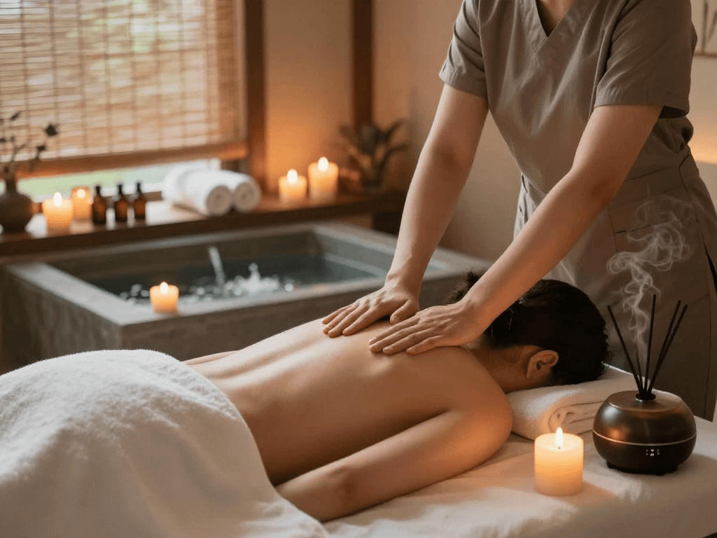 Relaxing 오산출장마사지 session in a tranquil spa with soothing ambiance and professional masseuse.