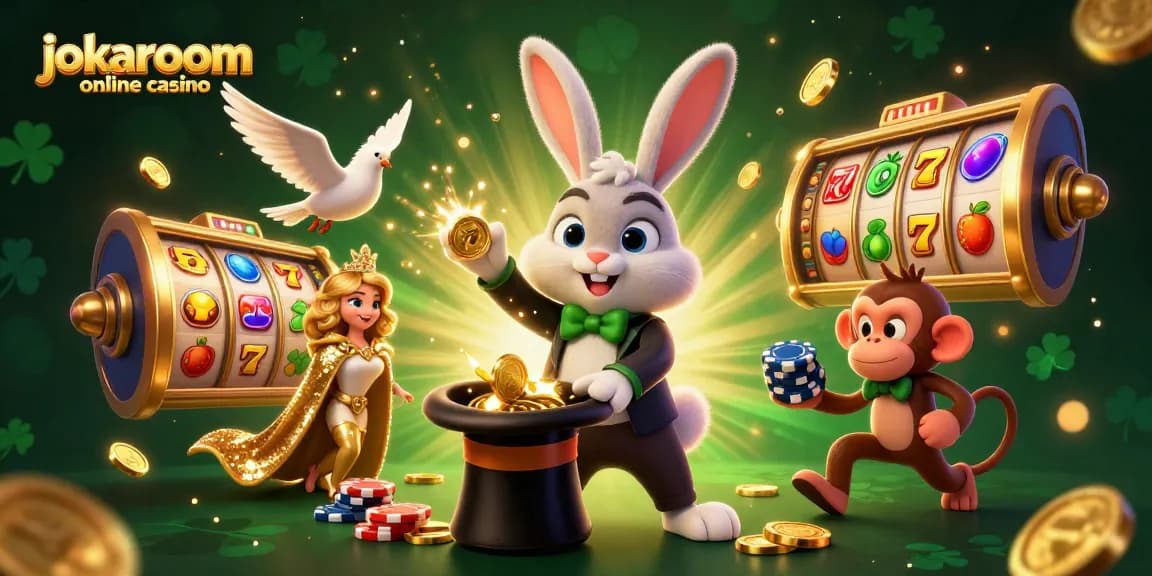 Experience the magic of jokaroom online casino with a charming scene of a magician rabbit, a dove, and a monkey amidst dazzling casino elements.