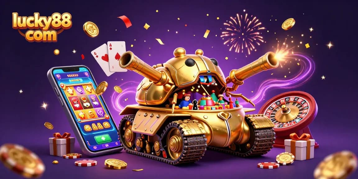 The lucky88 com 3D illustration captures a vibrant casino scene with exciting game elements and festive energy.