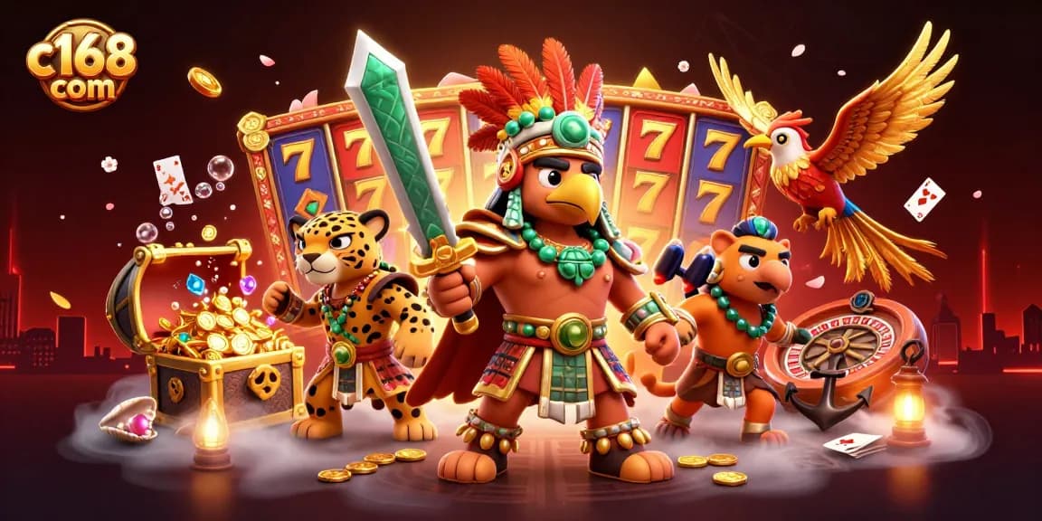 Experience thrilling gameplay at c168 com with vibrant 3D illustrations showcasing dynamic casino elements.
