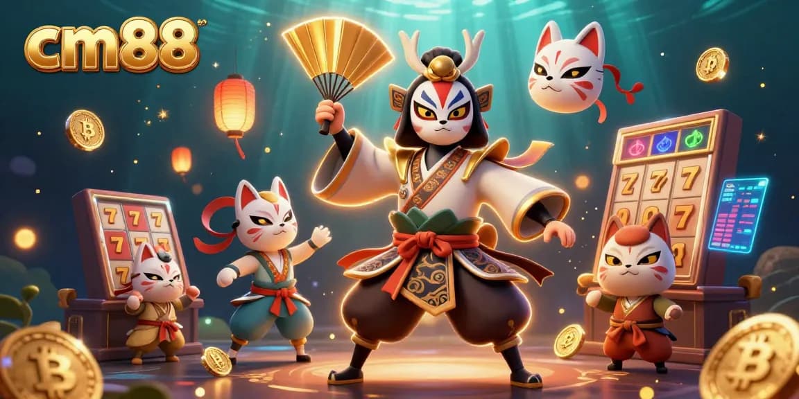 Engage with cm88's exciting slots, featuring kabuki characters and vibrant casino elements.