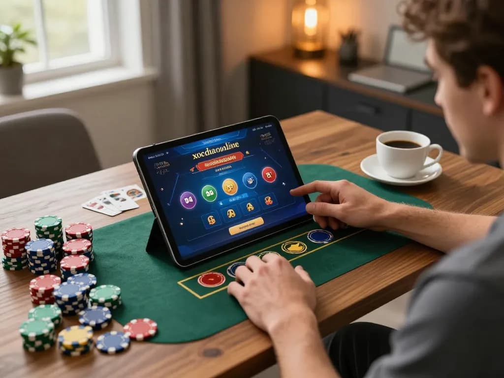 Engaging moment of a player using xocdiaonline platform on a tablet, with colorful gaming chips visible