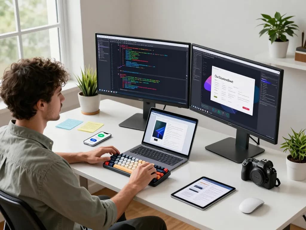 Developer using Clawdbot mac in a vibrant workspace with dual monitors displaying code.