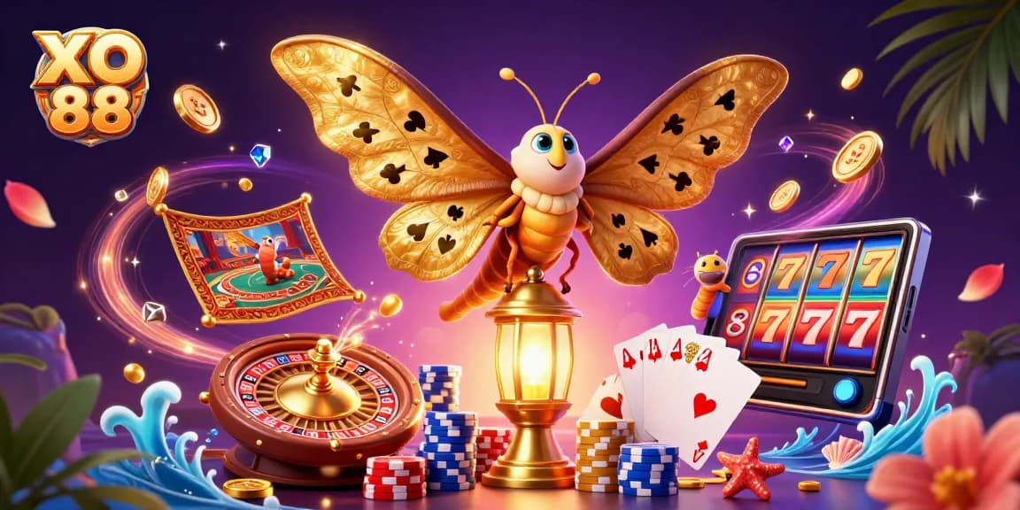 XO 88 thrills with a majestic atlas moth amidst dynamic casino elements, embodying online gaming excitement.