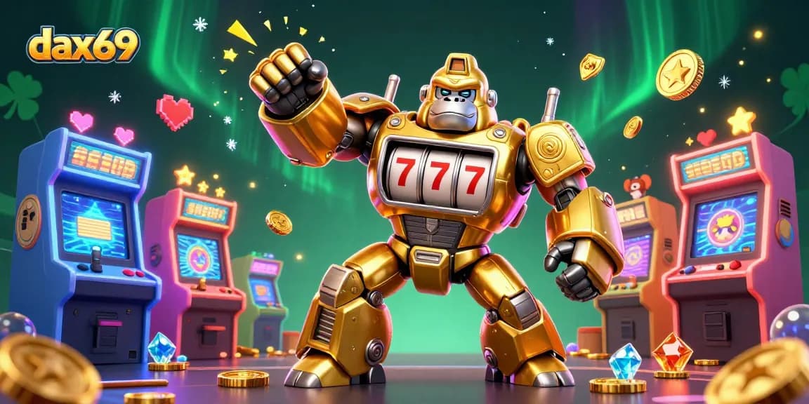 Gorila emas tua mech dax69 menyerang dengan uang koin berhamburan, dikelilingi mesin arcade 3D.
