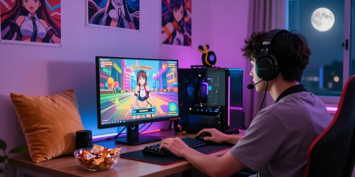 Engaged player enjoying a vibrant hentai game experience in a cozy gaming room.