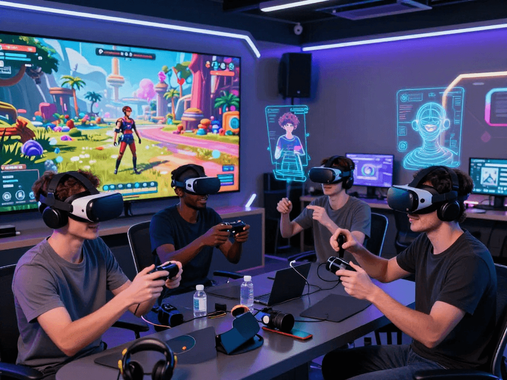 Interactive ai roleplay scene with diverse players in VR headsets and dynamic gaming landscape.