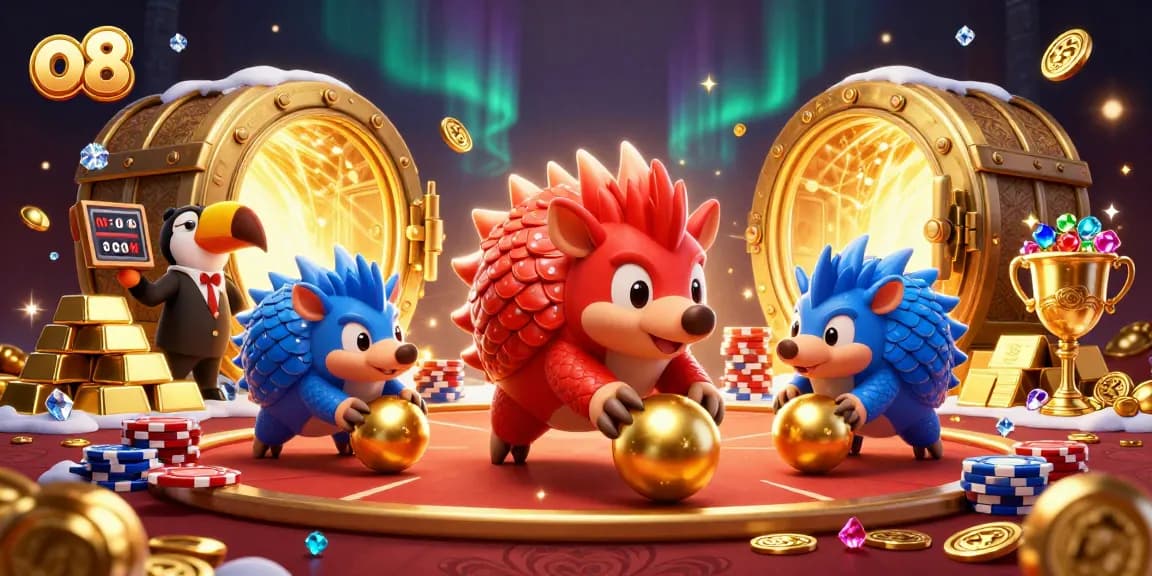 Bet with o8 and win big in this vibrant 3D casino scene featuring rival pangolins!