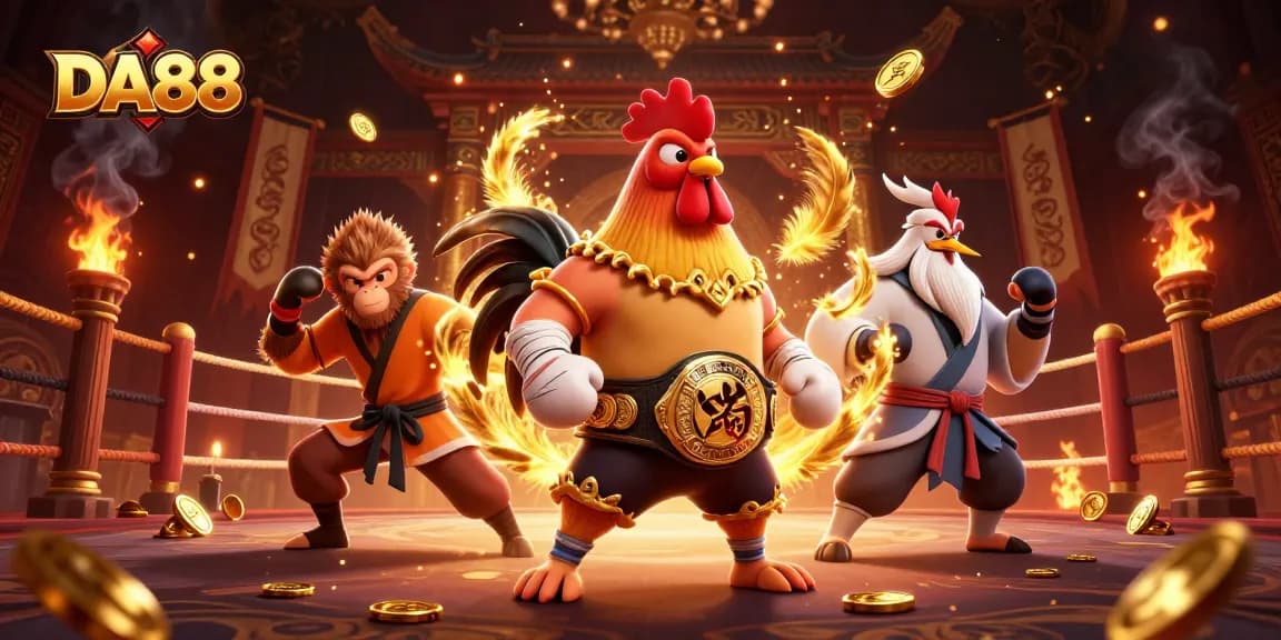 Engage in thrilling battles at DA88 with a dynamic scene showcasing a Muay Thai rooster, Shaolin monkey, and wise crane master surrounded by vibrant casino elements.