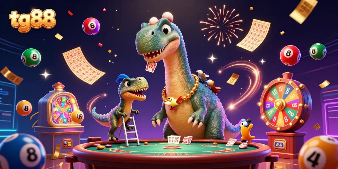 Join tg88 in a vibrant casino scene where a brontosaurus towers over a poker table as colorful elements bounce around, evoking a thrilling gaming atmosphere.