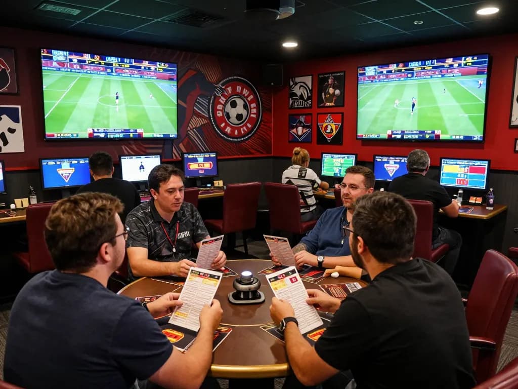 Tỷ lệ kèo trực tuyến displayed vividly at an active sports betting lounge filled with enthusiastic bettors.
